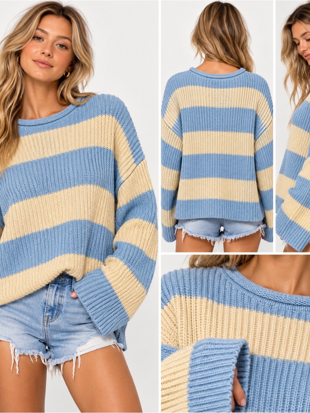 Princess Polly Blue Cream Striped Chunky Knit Oversized Sweater S
